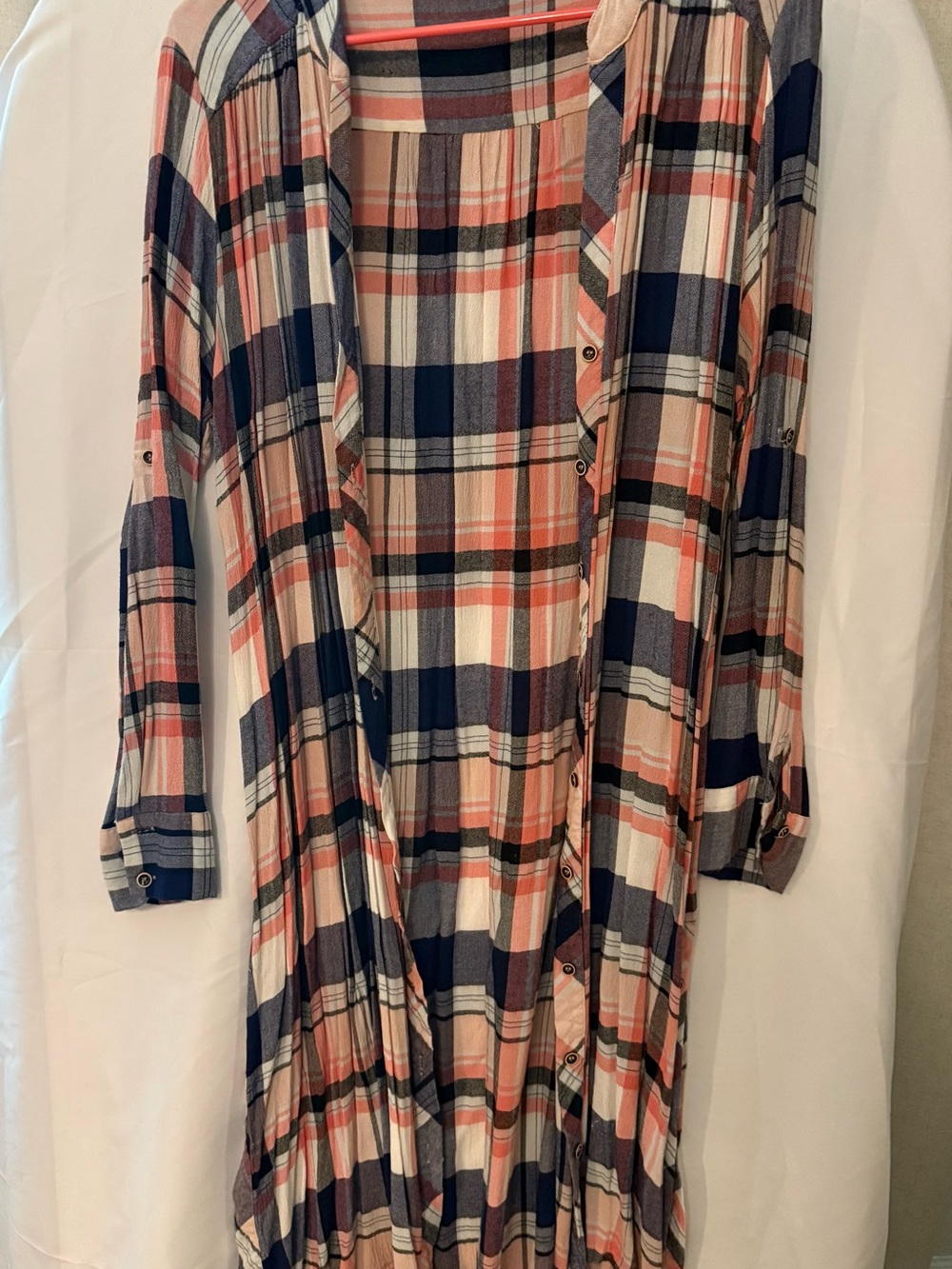 Wishlist Navy, Coral & White Plaid Longline Duster